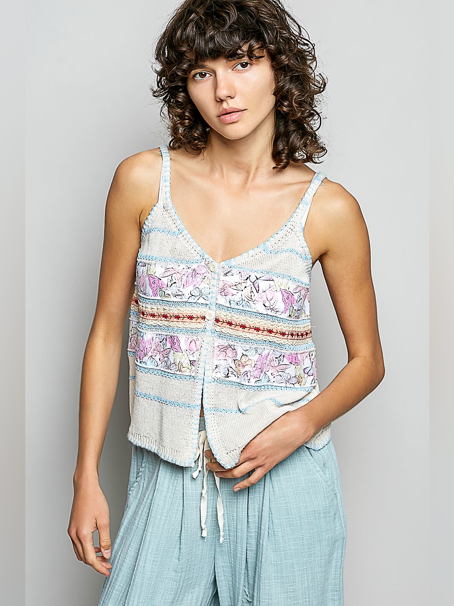 Pol Printed Contrast Button Down Cami With Trim Detail And Blanket Stitch